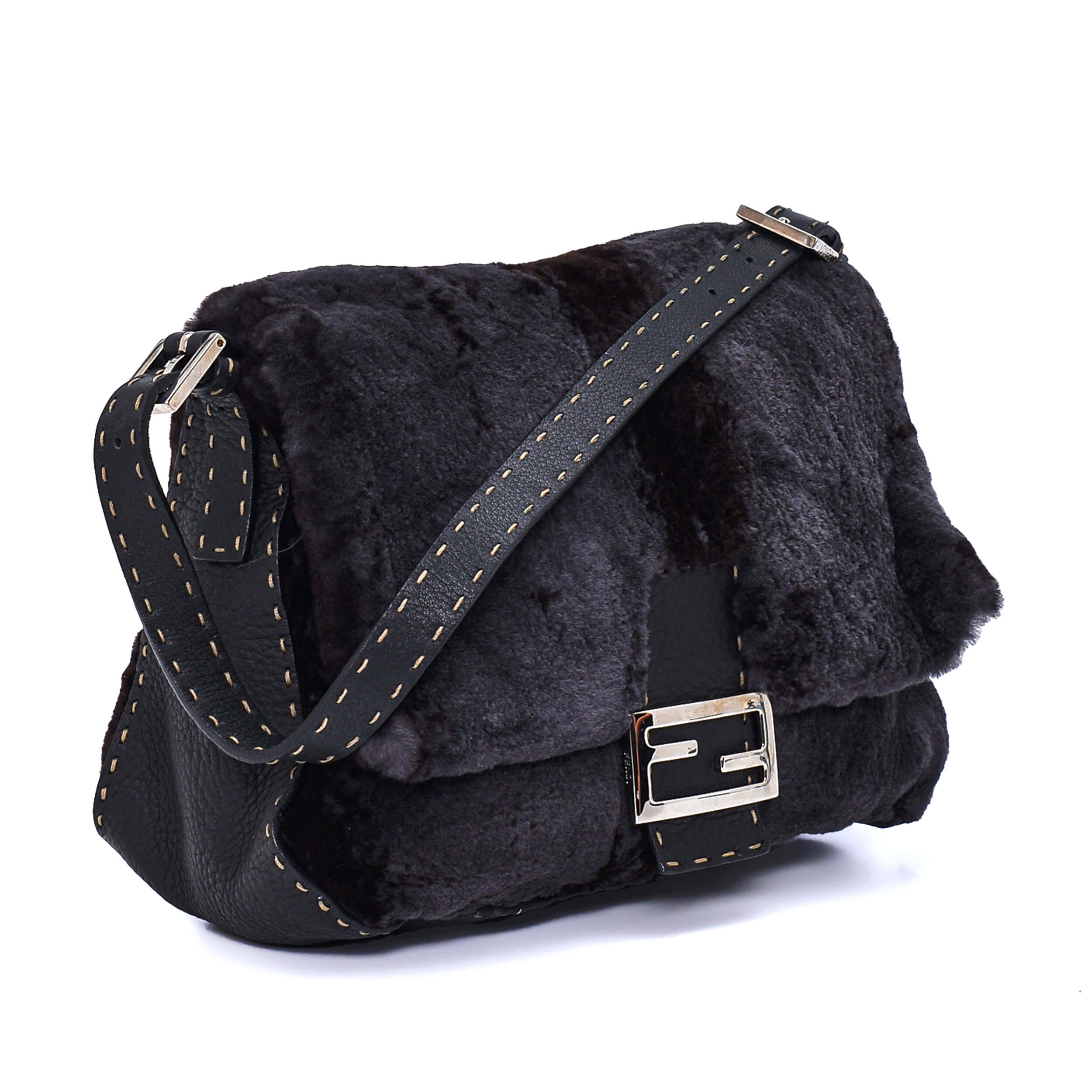 Fendi - Black Grained Leather & Fur Hobo Bag